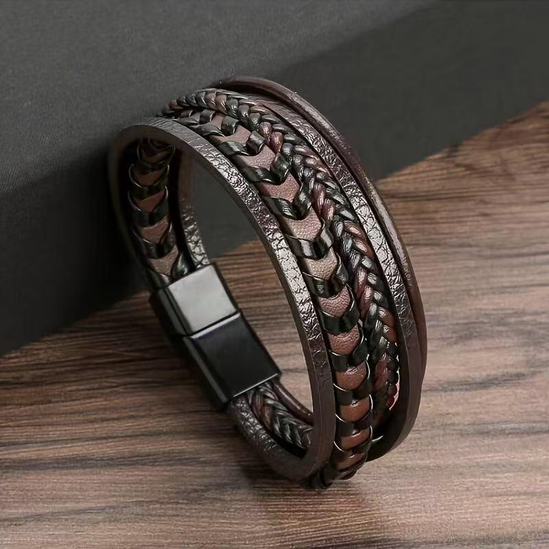 Multilayer Magnetic Buckle Handmade Leather Bracelet - Versatile Couples' Accessory for Men