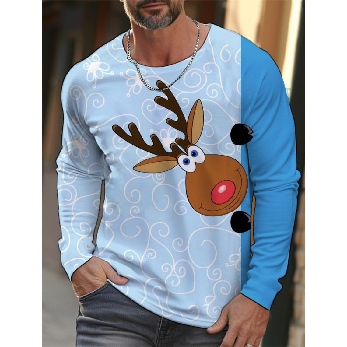 ETST0011 Heren Kerst Sneeuwvlok Print Lange Mouw T-shirt Kerst Cartoon Patroon Sport Casual Schattig Polyester Ronde Hals Lange Mouw 6XL