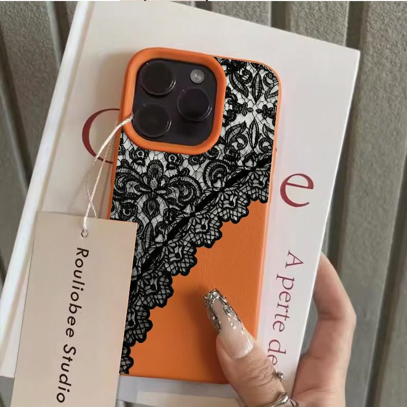 Black Lace Pattern Personalized Mobile Phone Case For iPhone 16 17 Pro Max 15 Plus 14 13 12 11 17 Air XS XR Faux Leather Cover
