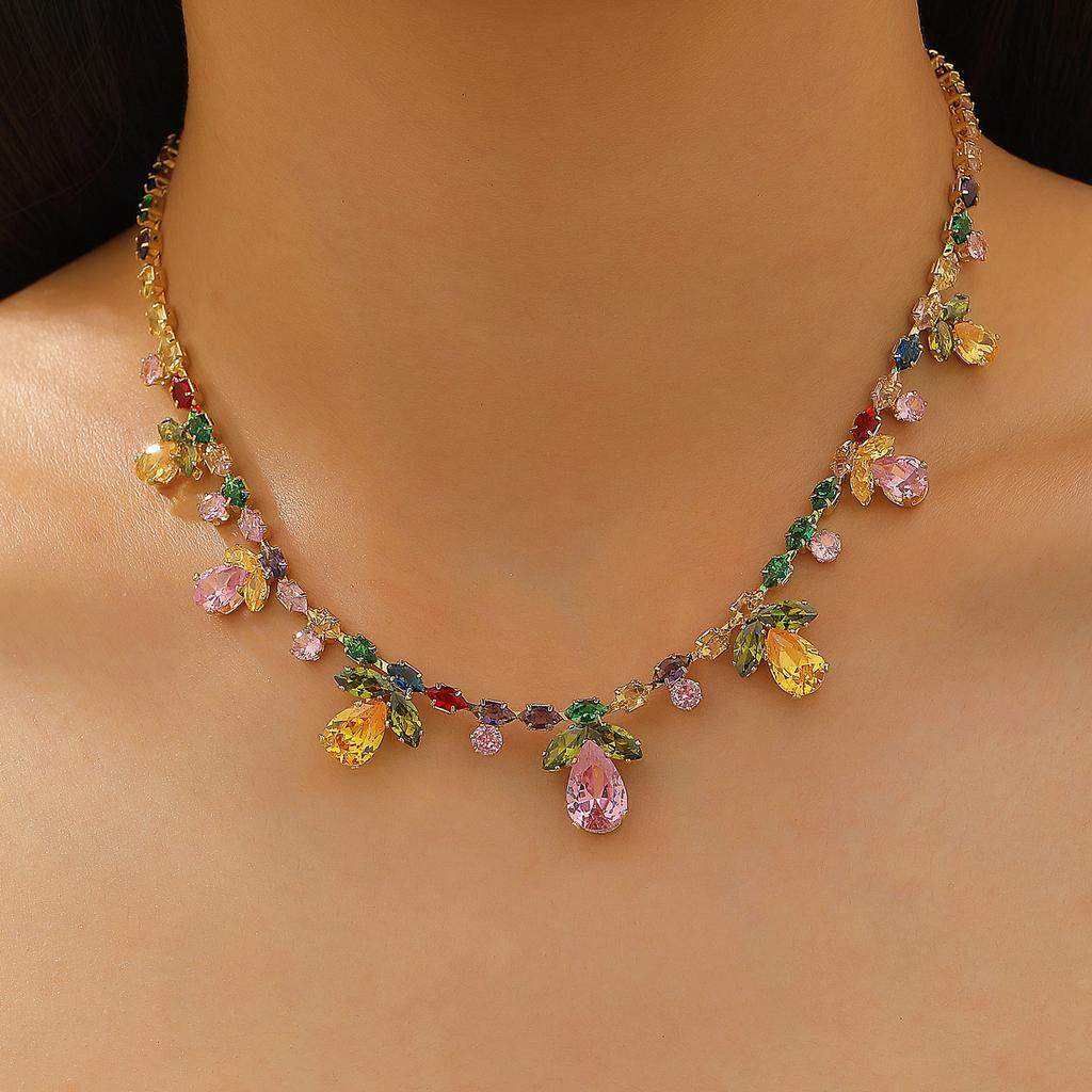 High quality light luxury fashion atmosphere color zircon flower water drop pendant earrings necklace set fresh and sweet jewelry