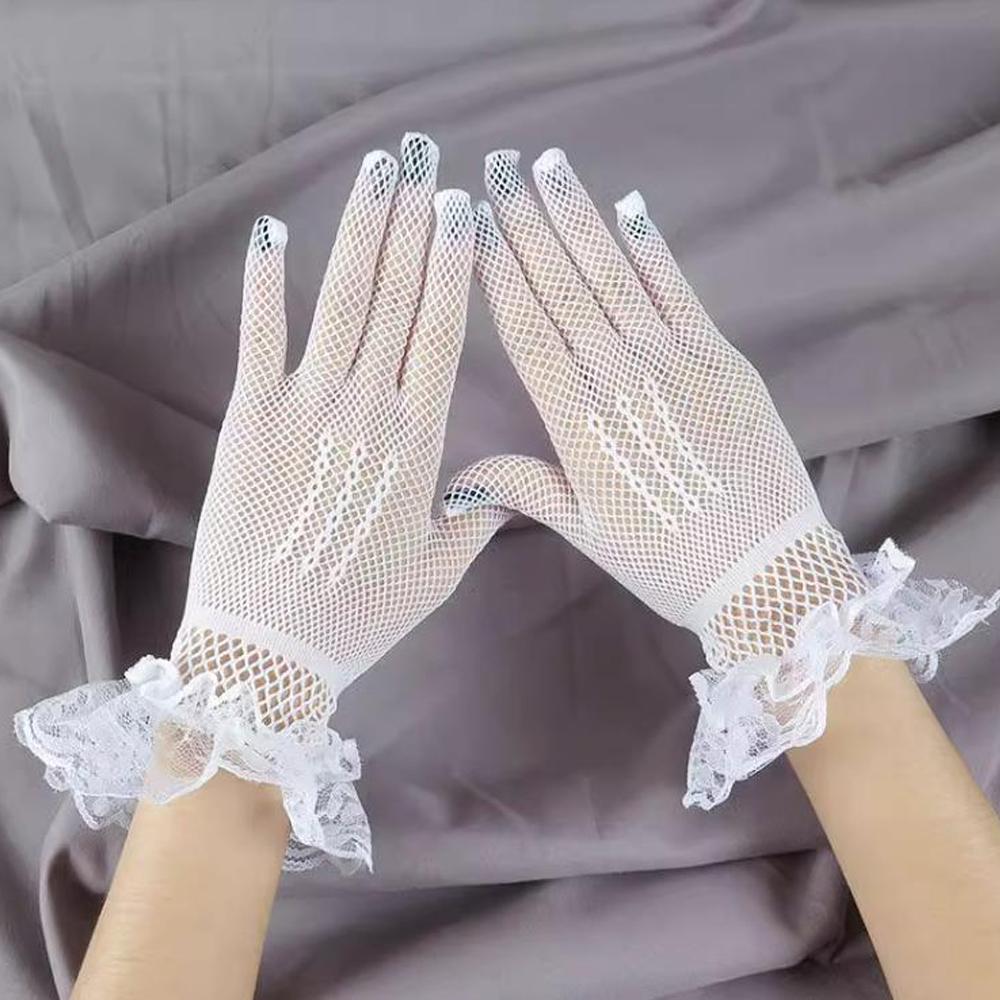 Sheer Lace Hollow Out Mesh Gloves Ultra Thin Stretchy Soft Full Finger Women's Gloves for Wedding Ceremony Event Black White