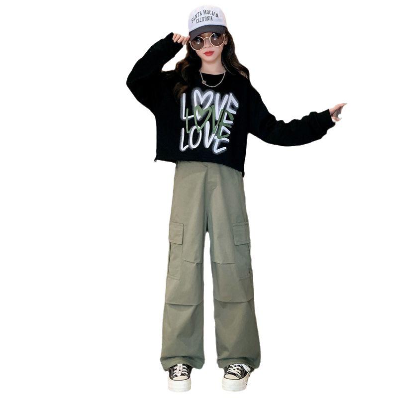 Korean Style 2024 Western-Style Two-Piece Letter Top and Overalls for Girls