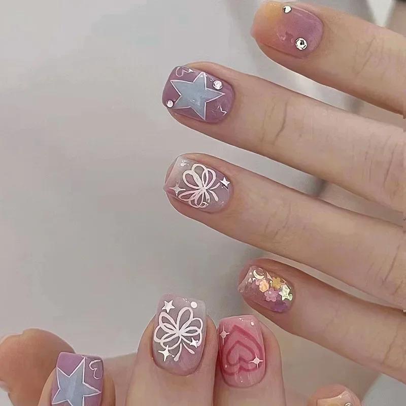 24Pcs Simple False Nails with Glue Short Almond Fake Nails Glitter Aurora Round Head Full Cover Nail Tips Oval Press on Nails