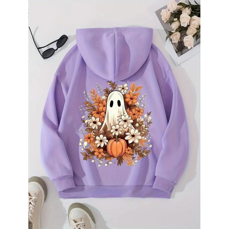 Ladies Spring Autumn Casual Hooded Long Sleeve Big Pocket Halloween Ghost Pumpkin Flower Printed Pullover Hoodies Sweatshirt Top