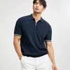 Mens Quarter Zip Knit Polo Shirt Vertical Stripe Short Sleeve Casual Contrast Trim Collared Top