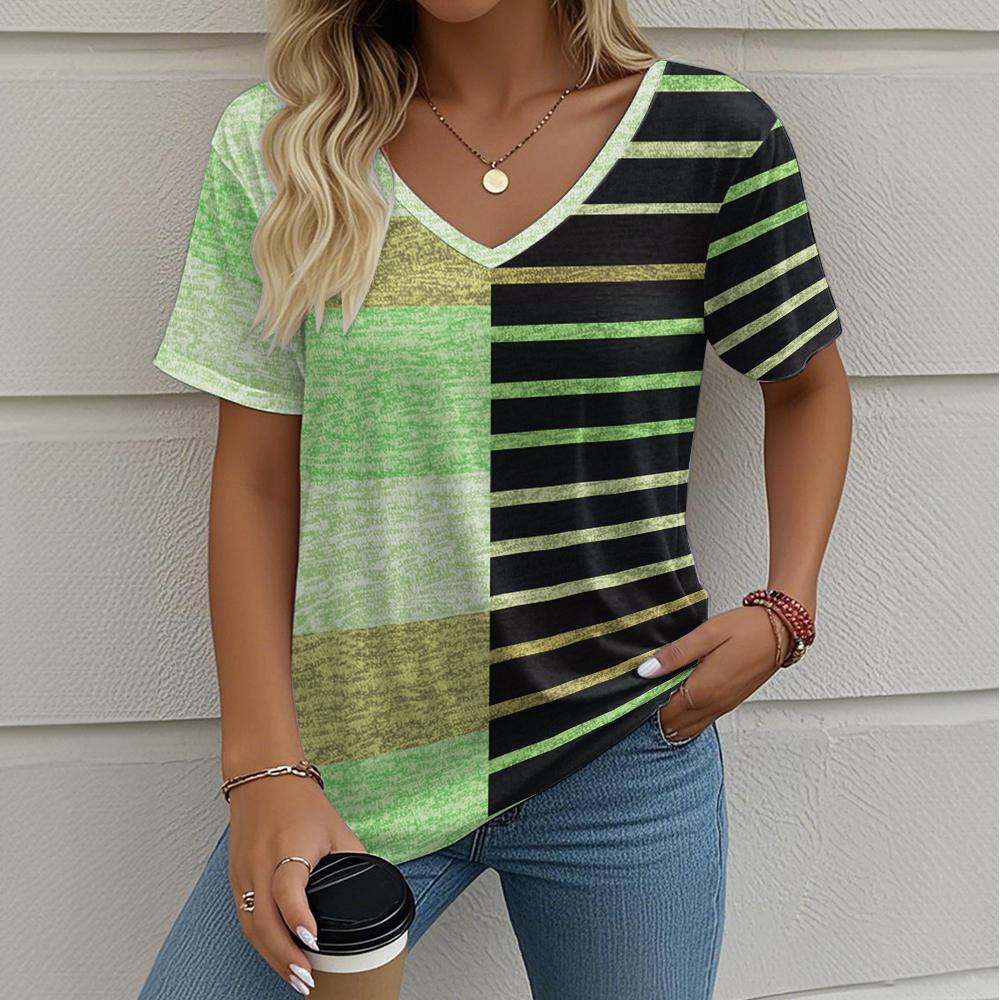 Summer Ladies Striped Printing Oversized T-Shirt Retro Fashion Casual V Collar Women Short-Sleeved T-Shirt