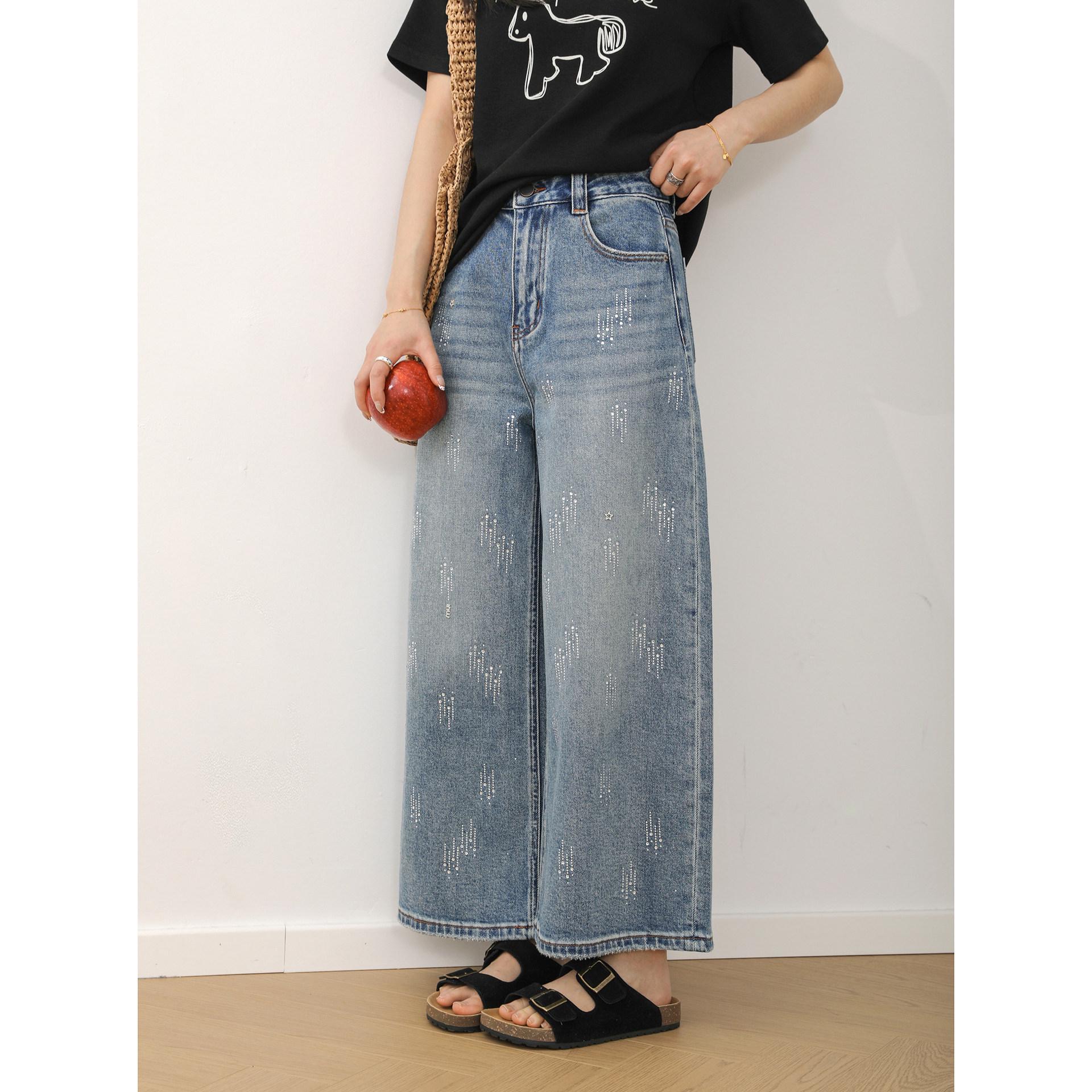 

Chic Spring High-Waisted Straight-Leg Hot Drill Niche Wide-Leg Jeans for Petite Women Large синий