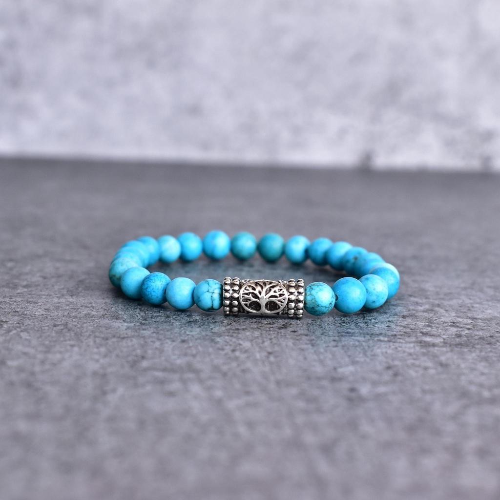 Natural Turquoise Gemstone Bead Bracelet Turquoise Celtic Symbol Beaded Jewelry Tree of Life Charm Stretchable Handmade Charm Bracelets