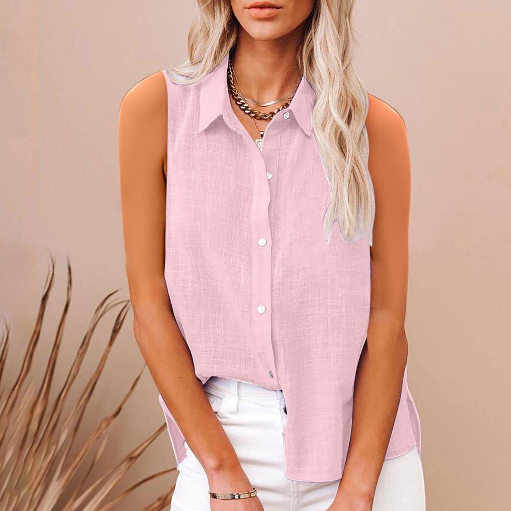 2025 European and American summer popular lapel cotton and linen buttons, sleeveless shirts women's clothing, shirts