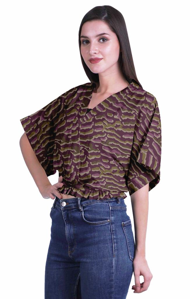 Moomaya Printed Boxy Sleeve Tops For Women V-Neck Elastic WaistA  Kimono Top