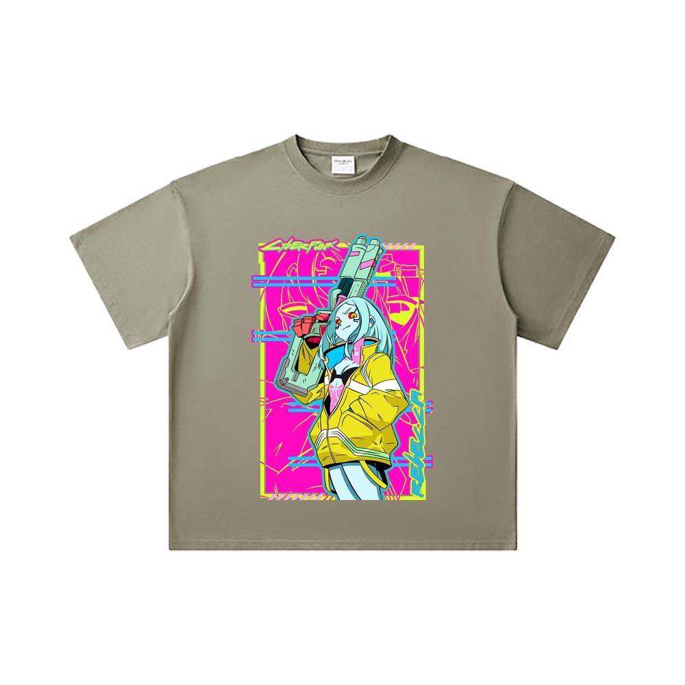 260 GSM Doppelgarn 32er Zählung 100% Baumwolle Cyberpunk Edgerunners V6 Rebecca Druck Unisex Schweres Baumwoll-T-Shirt