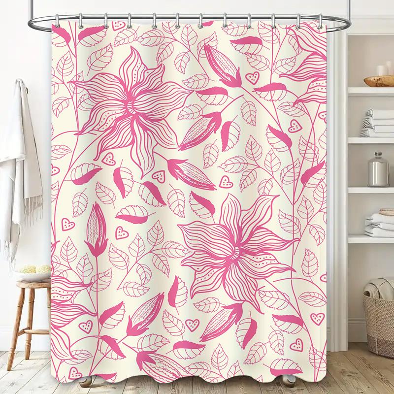 Pink Floral Shower Curtain: White Flower Bath Rug Decor for Bathroom Waterproof 3D Printing Home Decoration (Size Custom)