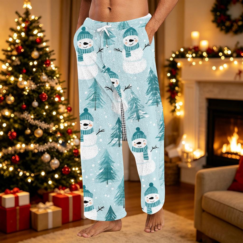 Pantalones de Pijama de Felpa con Estampado Navideño Casual para Hombre Ropa de Dormir para las Fiestas