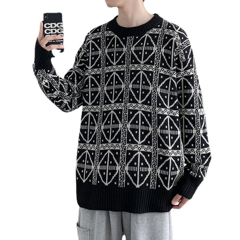 Podzim Zima Pánské Roláky Vintage Design Harajuku Volné Studentské Dlouhý Rukáv Teplé Svetry Hip-pop Geometrické Svetry