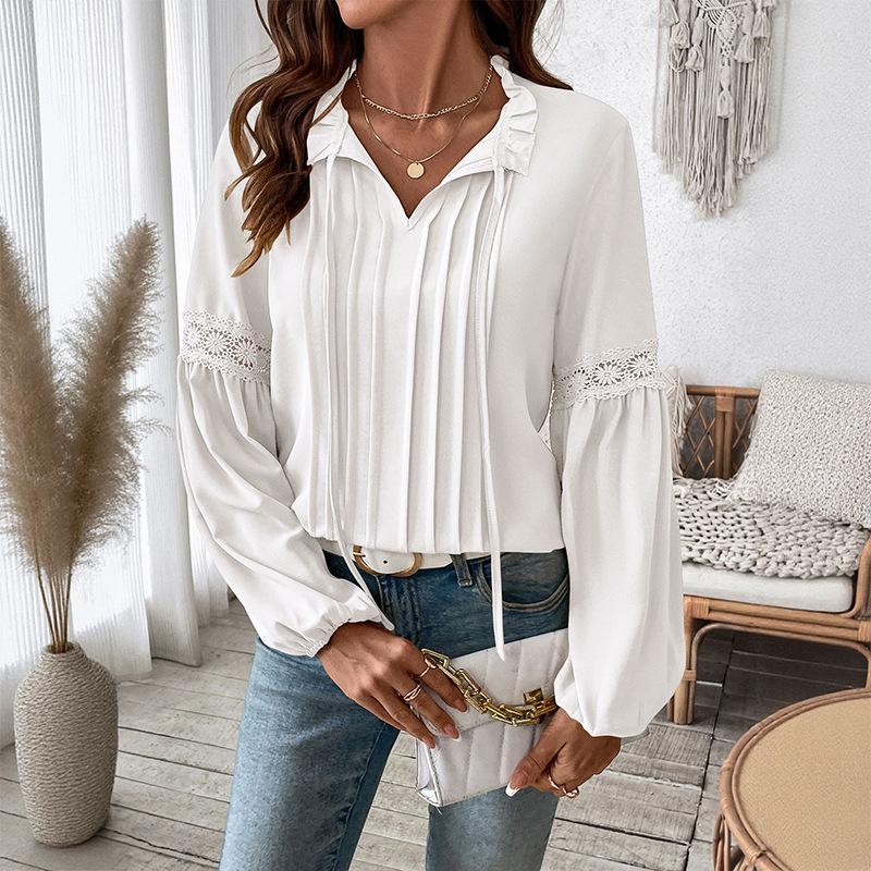 

Новый весенне-осенний элегантный и стильный топ, кружевная блузка с V-образным вырезом, однотонная плиссированная рубашка для женщин M белый
