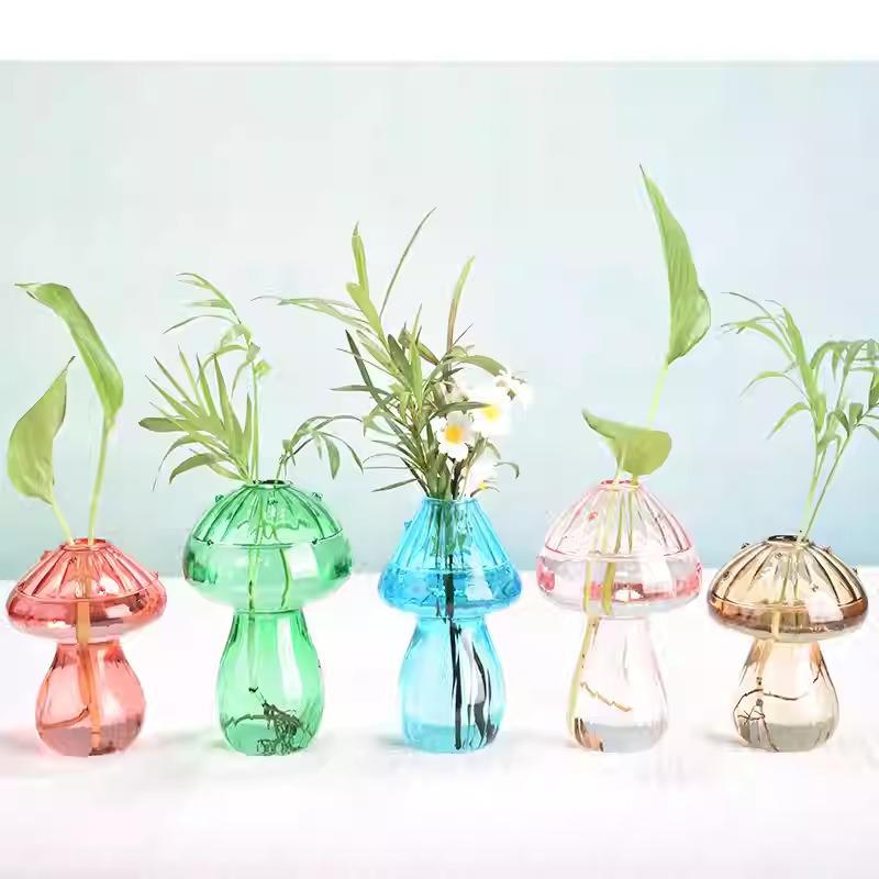 Modern Colorful Mushroom Glass Vase - Exquisite Art Ornament for Living Room, Small Hydroponic Container