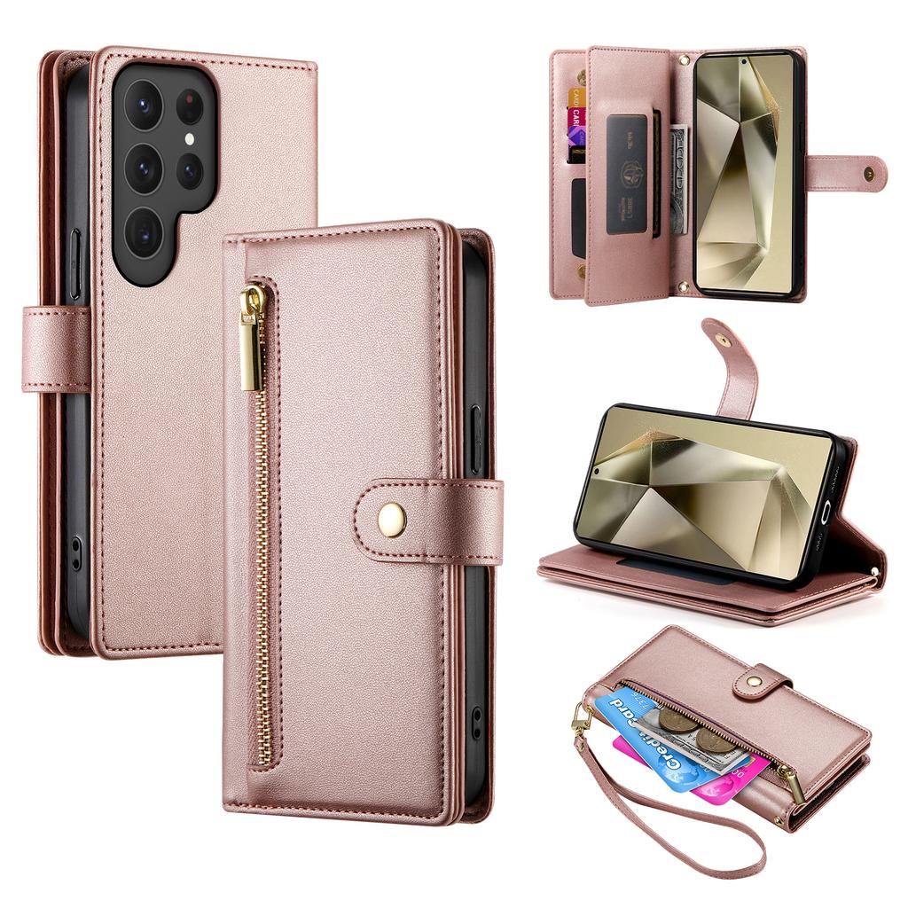 For Samsung Galaxy S25 Ultra Case Zipper Pocket Wallet Leather Phone Cover with Straps