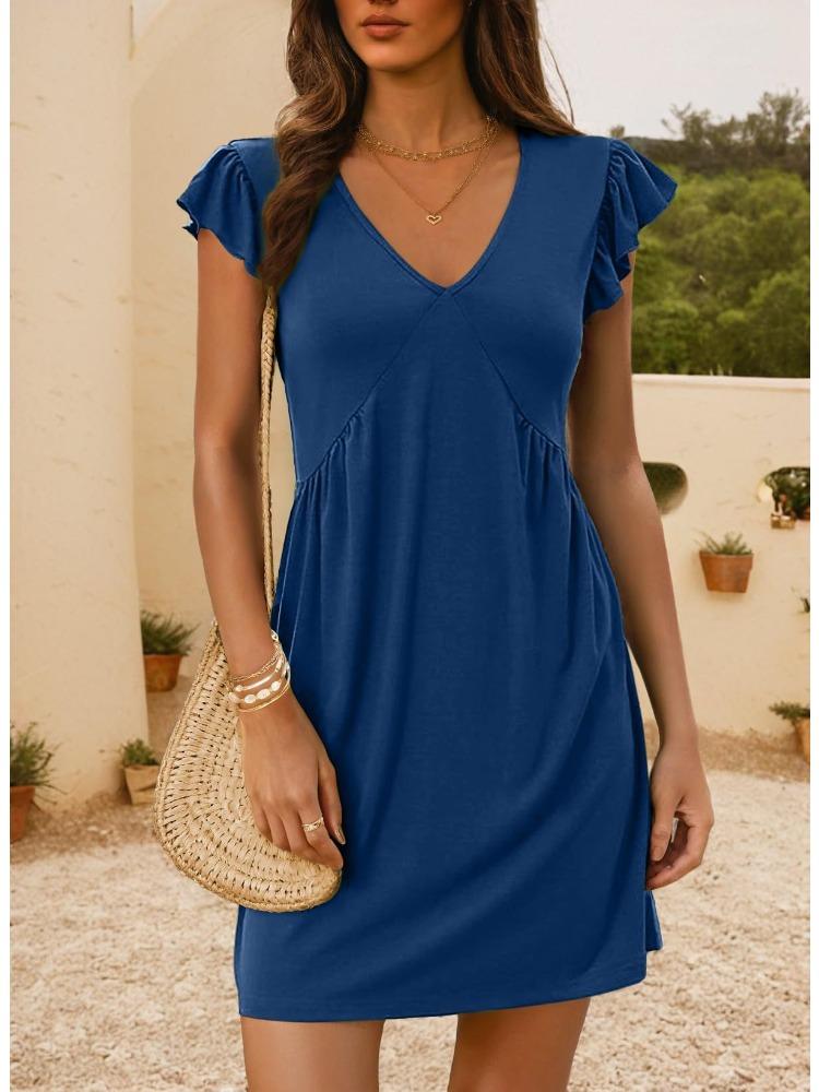 

Women V Neck Cap Sleeve Shift Dress Solid Color Casual Loose Fit Summer Dress XL синій