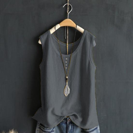 Kamizelka damska Okrągły dekolt Ozdobne guziki Bez rękawów Tank topy Jednolity kolor Luźny