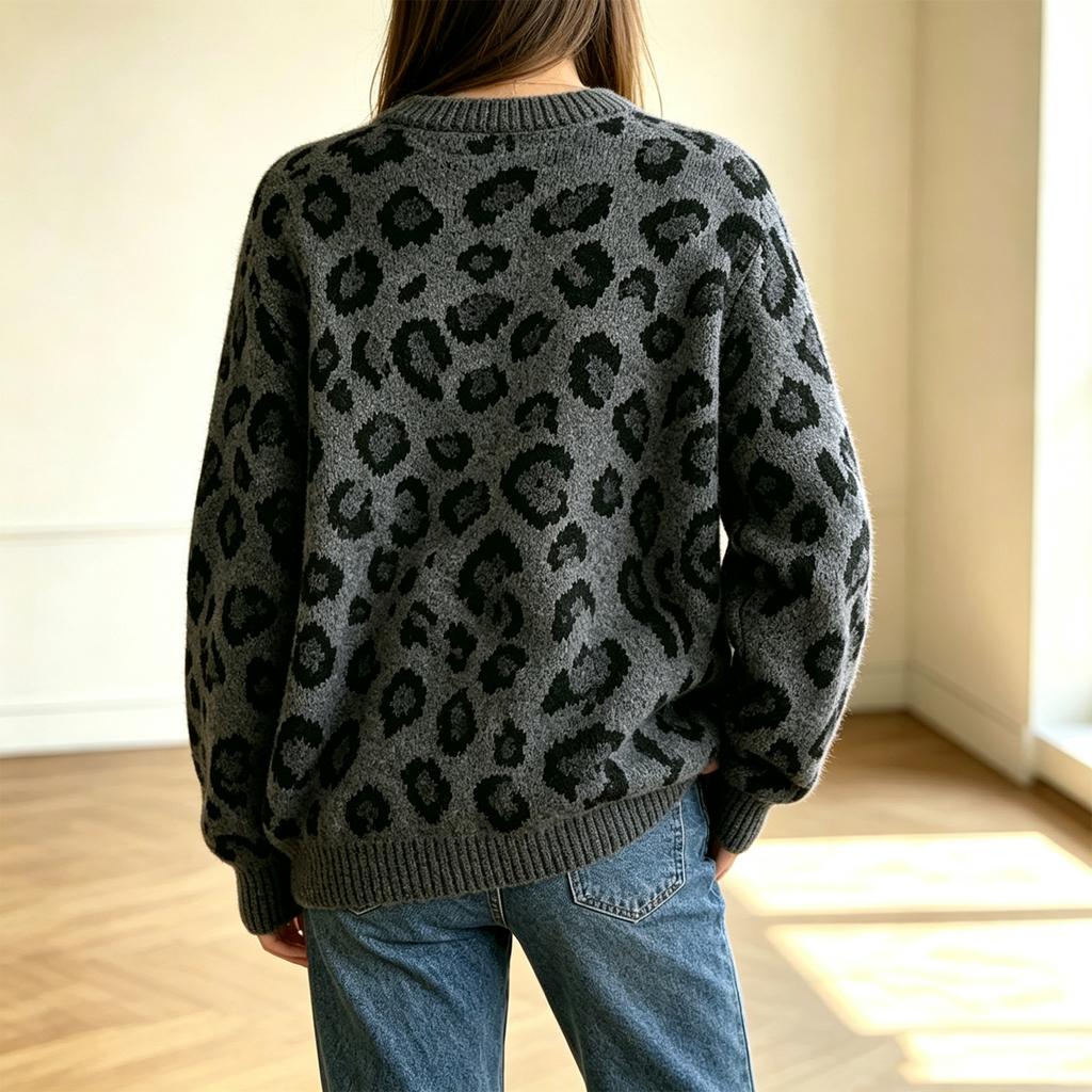 Dames Crewneck Leopard Print Kleurblok Gebreide Pullover Trui voor Herfst en Winter