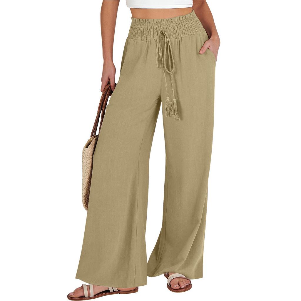 Women's Casual Fashion Colour Cotton Linen Casual Pants Wide Leg Trousers Sweatpants With Pockets