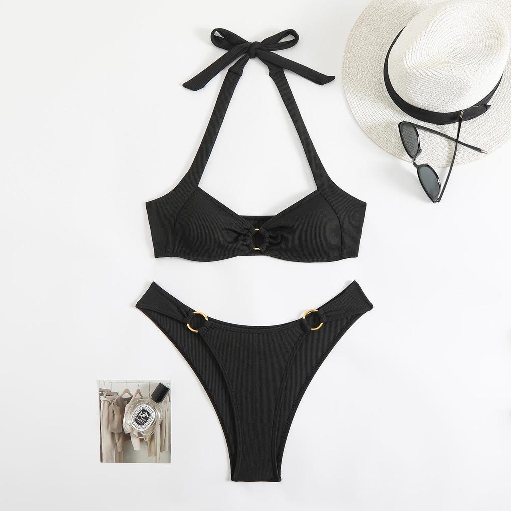 2025 Cross-border Women's Ribbed Halter Swimsuit: New European & American Style Bikini
