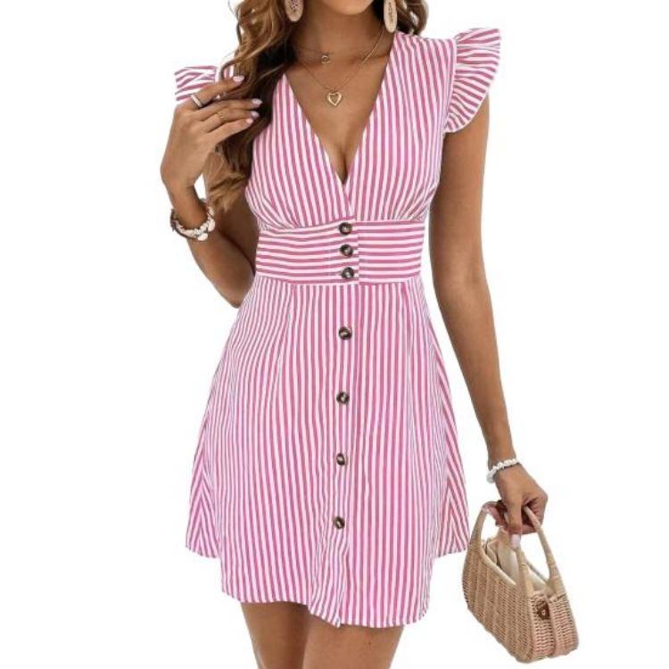 Summer Party Dress Women Striped Print Button Front V Neck Ruffle Cap Sleeve A Line Mini Dress
