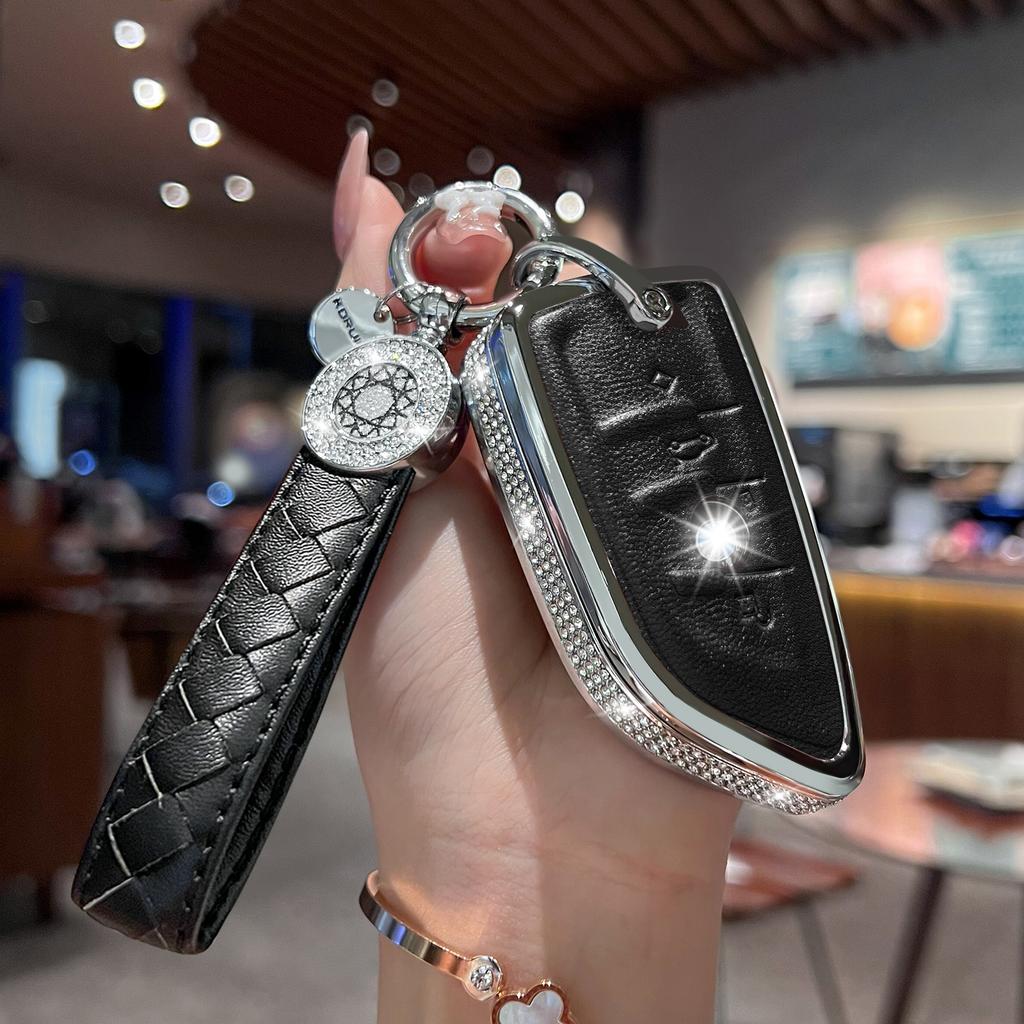 For BMW Key Fob Cover with Keychain, Pink Genuine Leather Crystal Key Case Protection Shell Compatible with BMW 2 5 6 7 X1 X2 X3