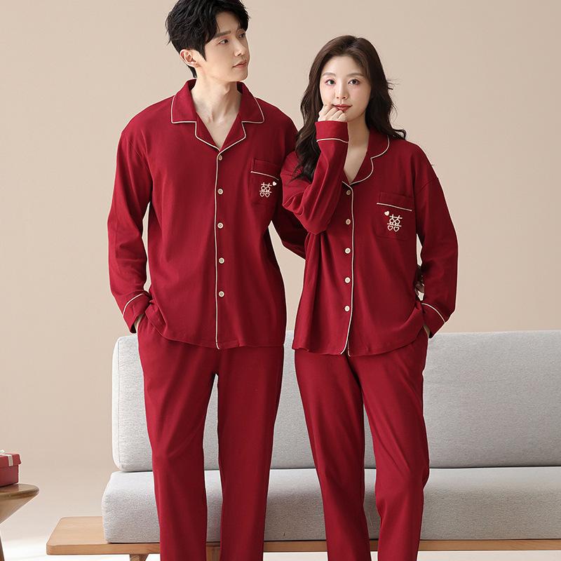 Pajamas wedding newlywed couple suit spring and autumn pure cotton red 1011 new men's and women's long sleeves festive autumn