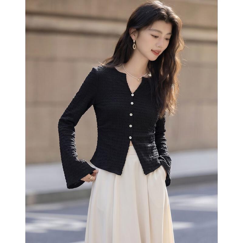Elegant V-Neck Pleated Slim-Fit Long Sleeve T-Shirt