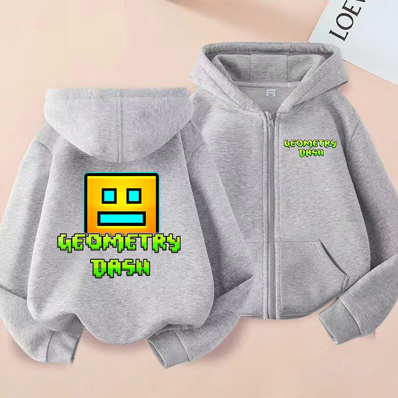 Sudadera con capucha y cremallera impresa de Geometry Dash Ropa para niño y niña Tops casuales Chaqueta abrigo de manga larga Sudaderas con cremallera de dibujos animados para niños