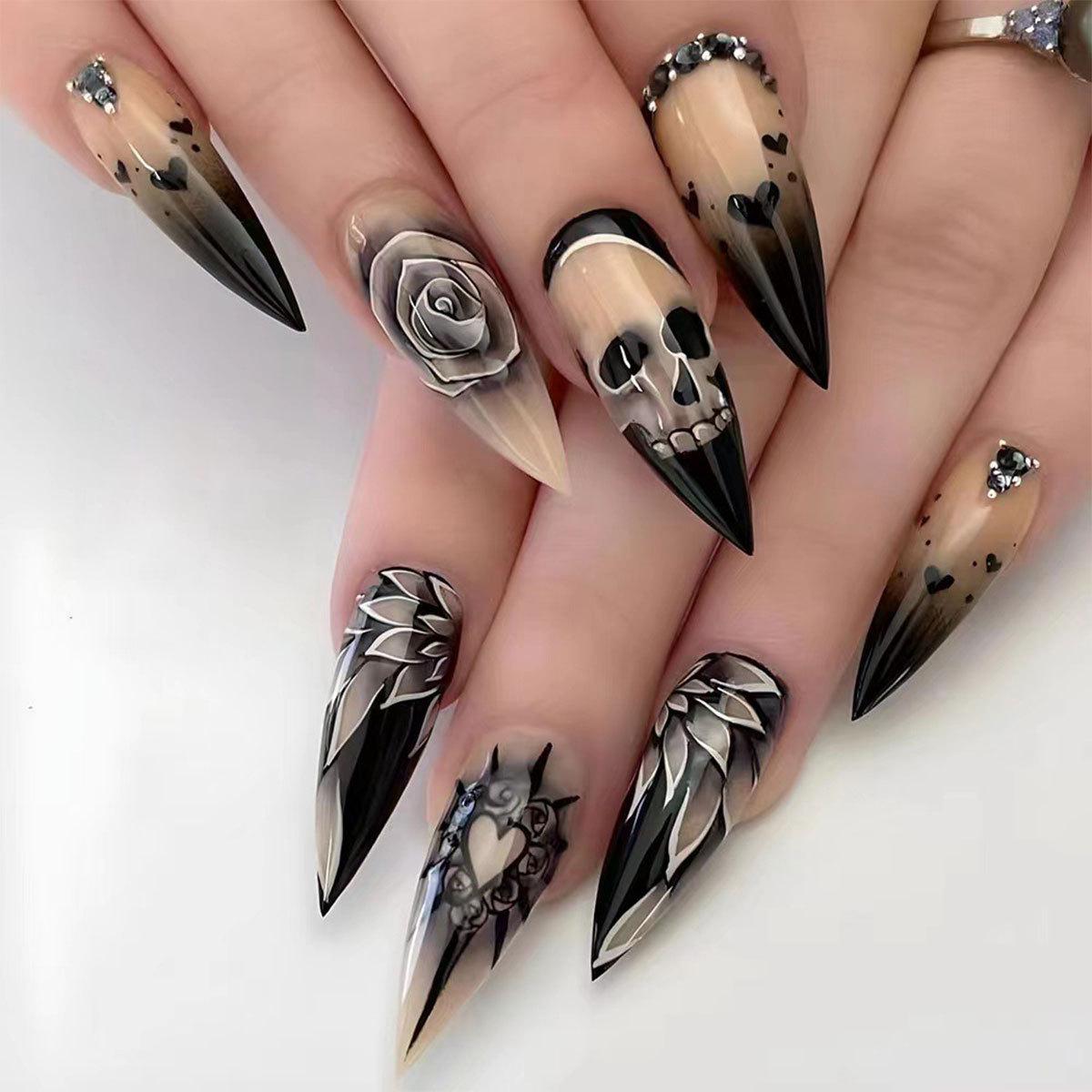 

Punk Skull Rose Rhinestone Halloween Removable False Nails