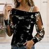 Plus Size Women Slanted Shoulder Long Sleeve Top Boho Abstract Floral Print Mesh Lace Splicing Blouse