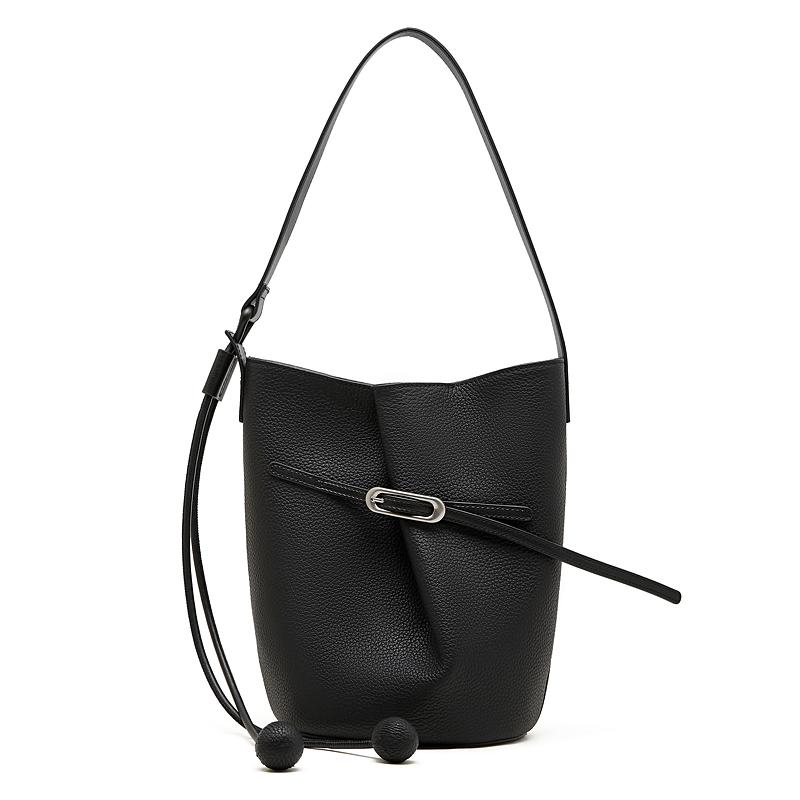 

HIFASHION Top Layer Cowhide Leather Handbags Women Vintage Crossbody Bags Bucket Shoulder Purses Daily Shopping Handbags 2026 чёрный
