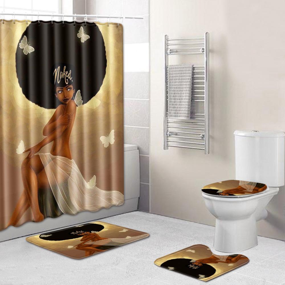African American Women'S Bathroom Four-Piece Combination Set Household Door Mat Absorbent Non-Slip Floor Mat Carpet