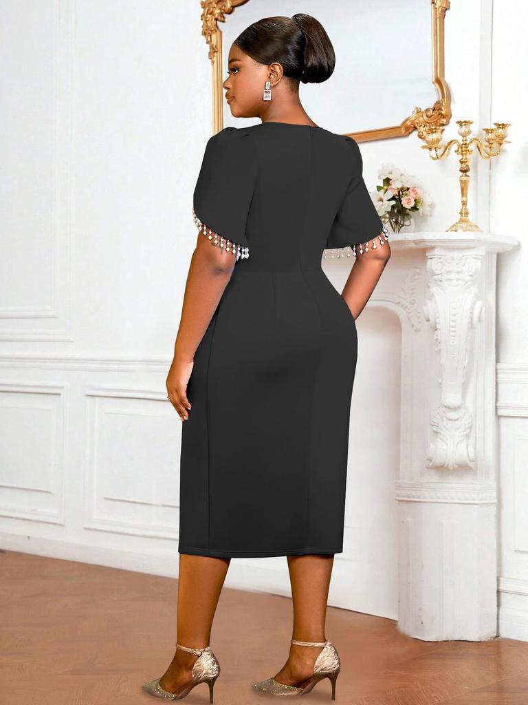 Storlek Dam Pärlbeströdd Puffärmad Fyrkantig Halsringning Elegant Bodycon-klänning