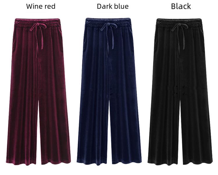 Dámské zlaté sametové kalhoty s vysokým pasem a širokými nohavicemi - Nadměrná velikost, ležérní kalhoty