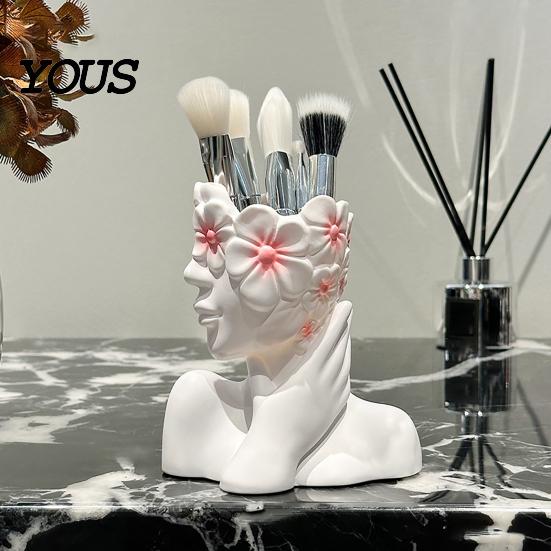 Desktop Storage Organizer Box, with Artistic Side Face Design, Nordic Style Versatile Makeup Luxury Vanity Decor Brush Holder, for Bedroom Dressing