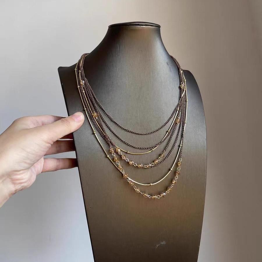 Vintage Maillard brown beaded multi-layer stacked necklace light luxury high-end long collarbone chain fashionable versatile neck chain
