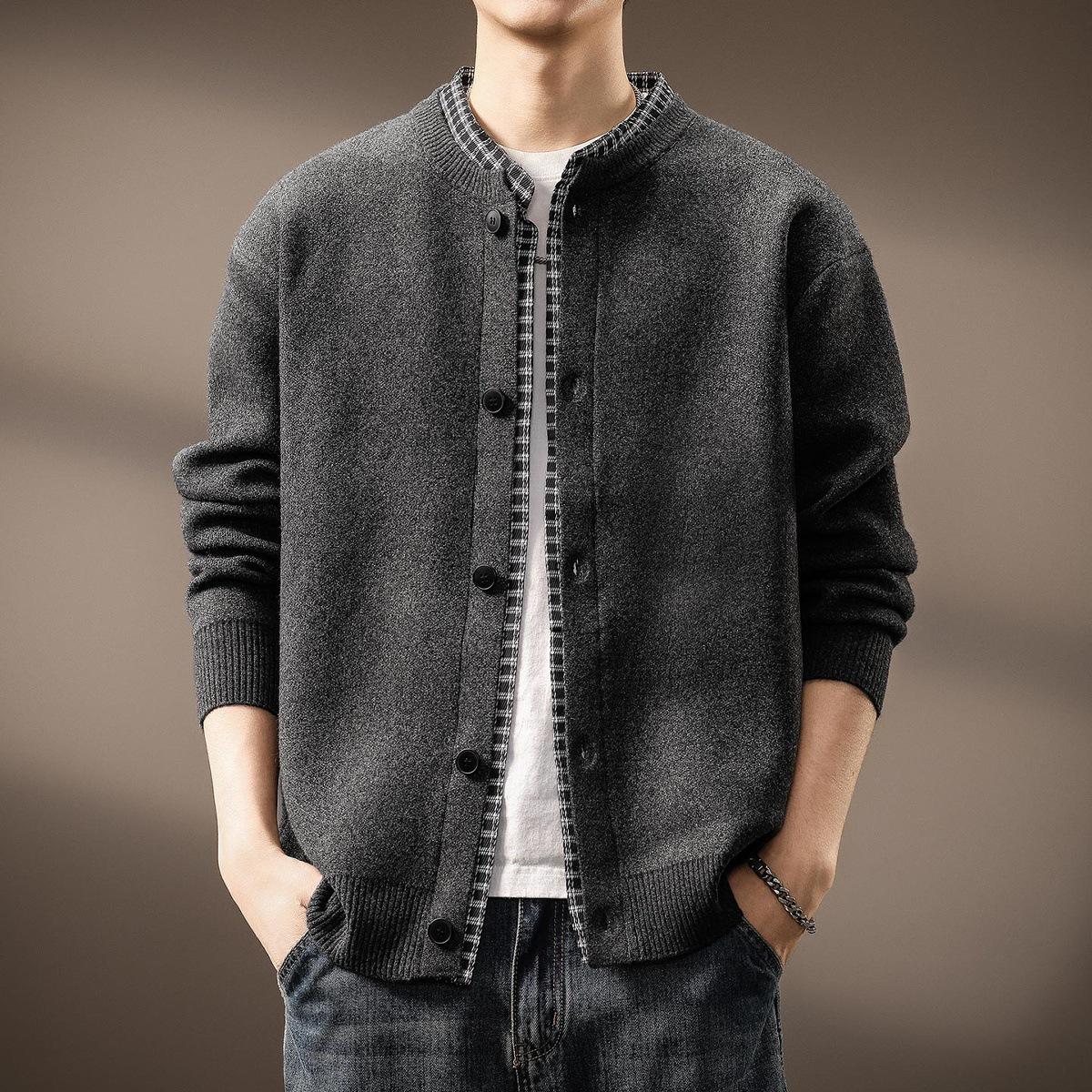 

Чоловічий високоякісний французький кардиган-светр з патчворком та клітинкою - Осінньо-зимовий повсякденний трикотаж 3XL for 180-200 jin чорний/сірий