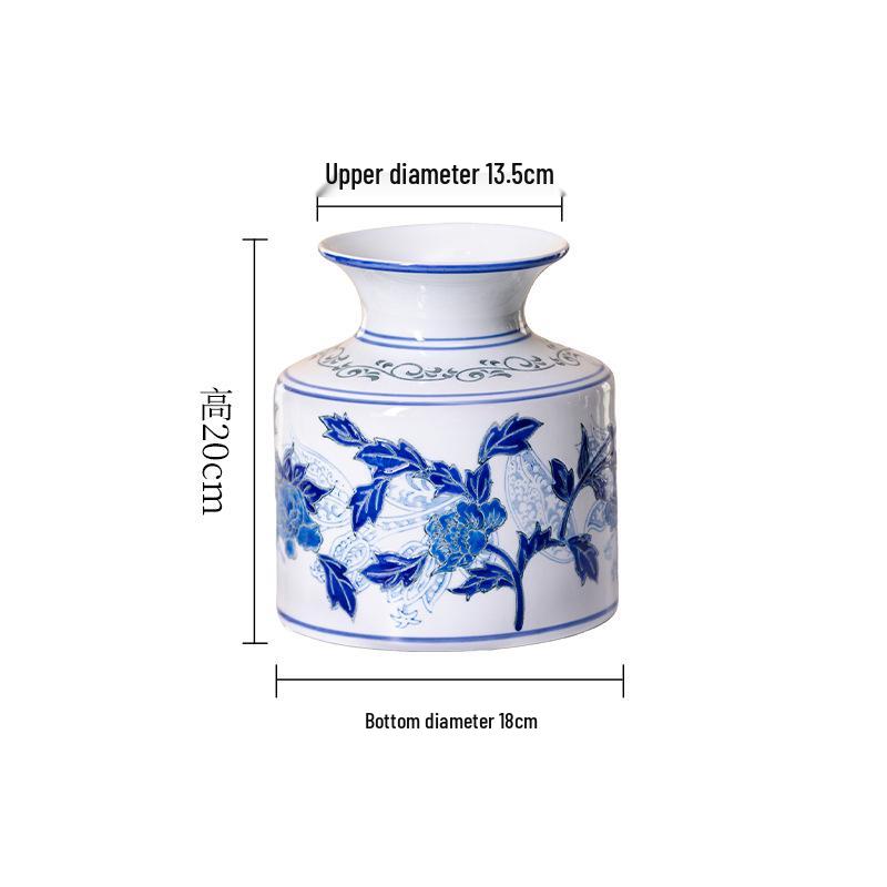 Blue & White Porcelain Peony Vase - Elegant Hydroponic Ornament for Living Room