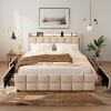 Smart Fabric Bed with RGB Music Sync Lights Charging Station AC USB Type C Ports 4 Storage Drawers Beige Grey Queen Size