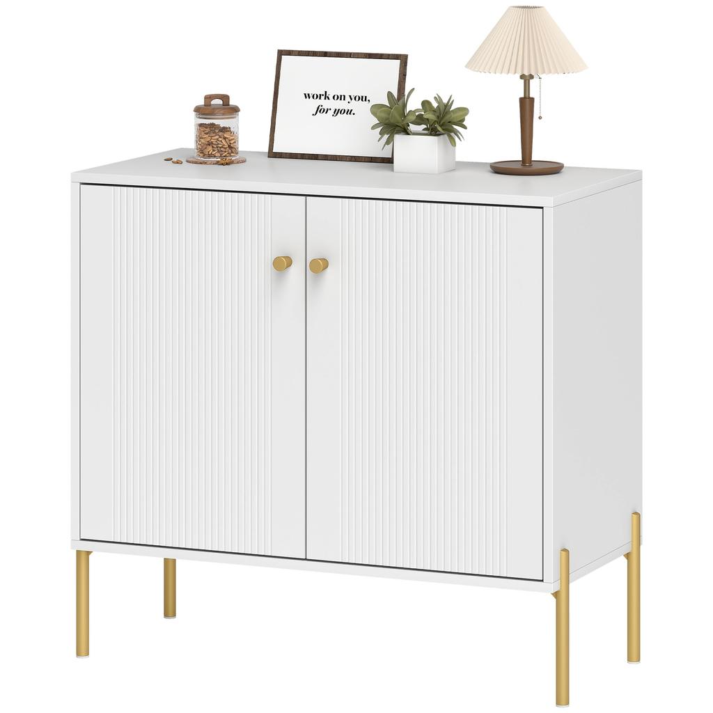 Sideboard, 2 Doors, Adjustable Shelves, Marble Effect Top, Steel Legs, 80 x 39.1 x 76 cm, White