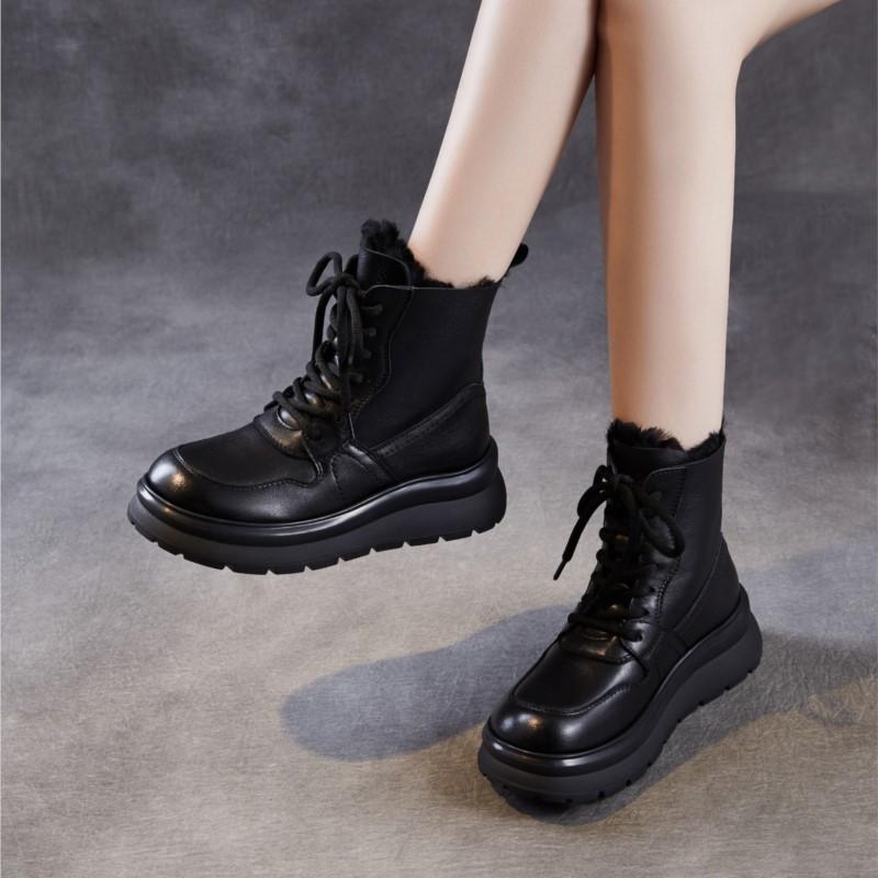 Johnature Genuine Leather Women's Shoes Leisure Thick Soled And Plush Warm Wool Lace-up Short Boots