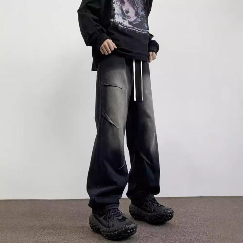Mens Retro Blue Wide Leg Jeans Loose Straight Drawstring Denim Pants Teens