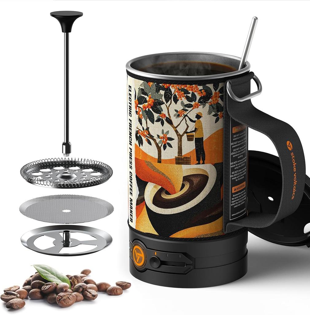 Elektryczny Ekspres do Kawy French Press, 120V 2-w-1 Gotuj i Wciskaj, Przenośny na Kemping i w Podróż, 6-Minutowe Parzenie