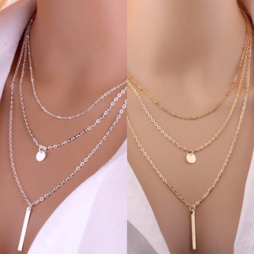 Three-line stick round pendant necklace in gold and silver
