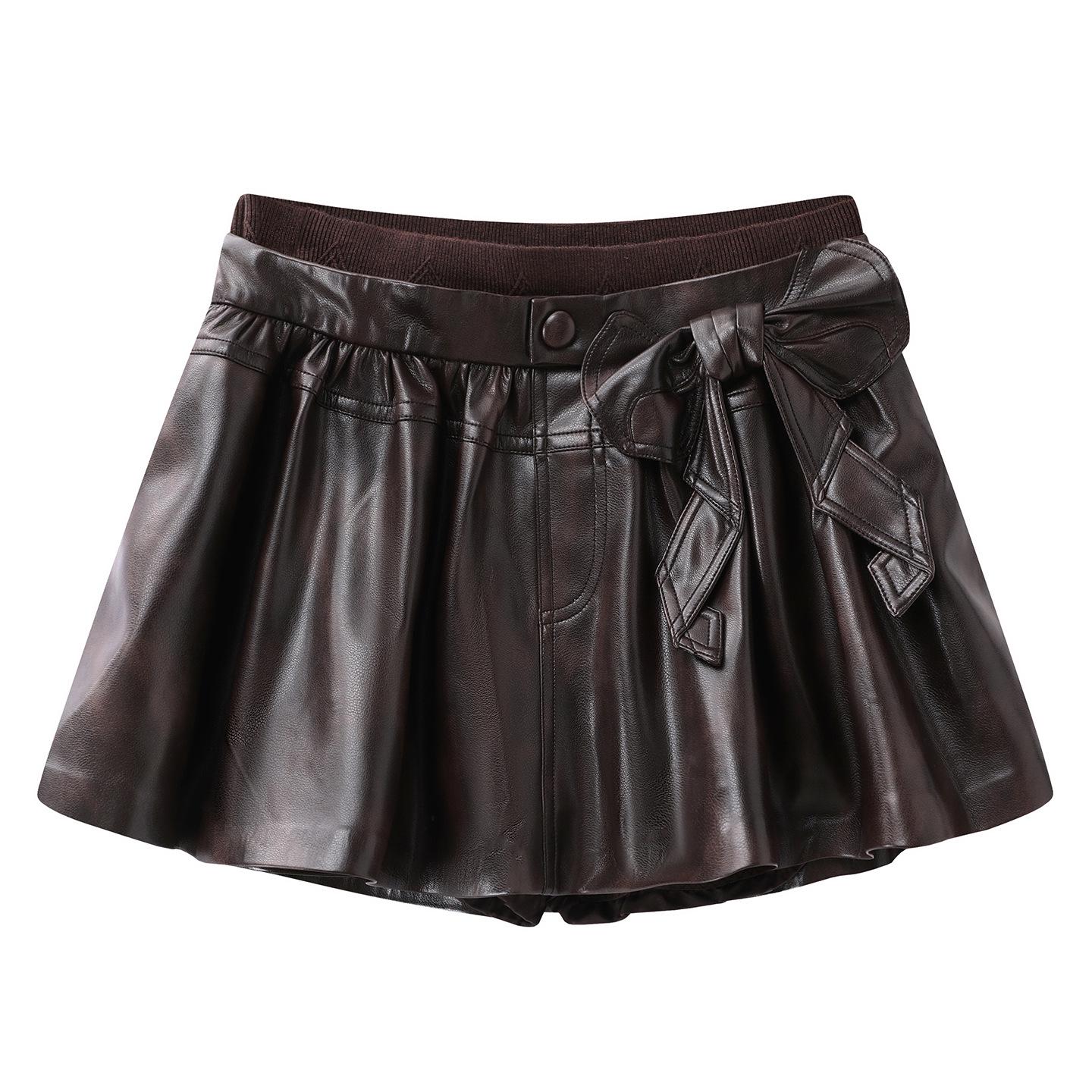 

2026 Spring A-line PU Leather Puffy Skirt with 3D Bow - Short Style Medium