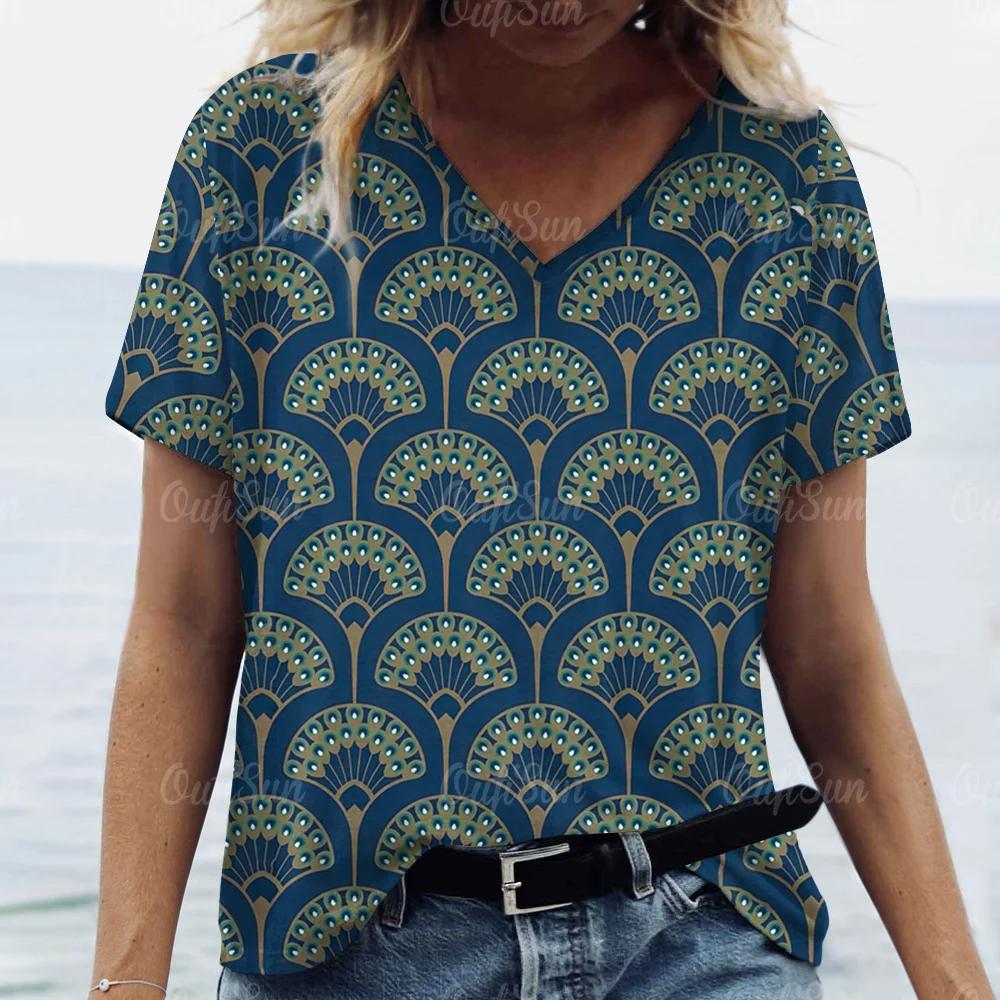 Summer Hot Selling New 2025 Women T-shirt Peacock Feather V-neck T-shirt Printed Women Printed T-shirt Comfortable T-shirt