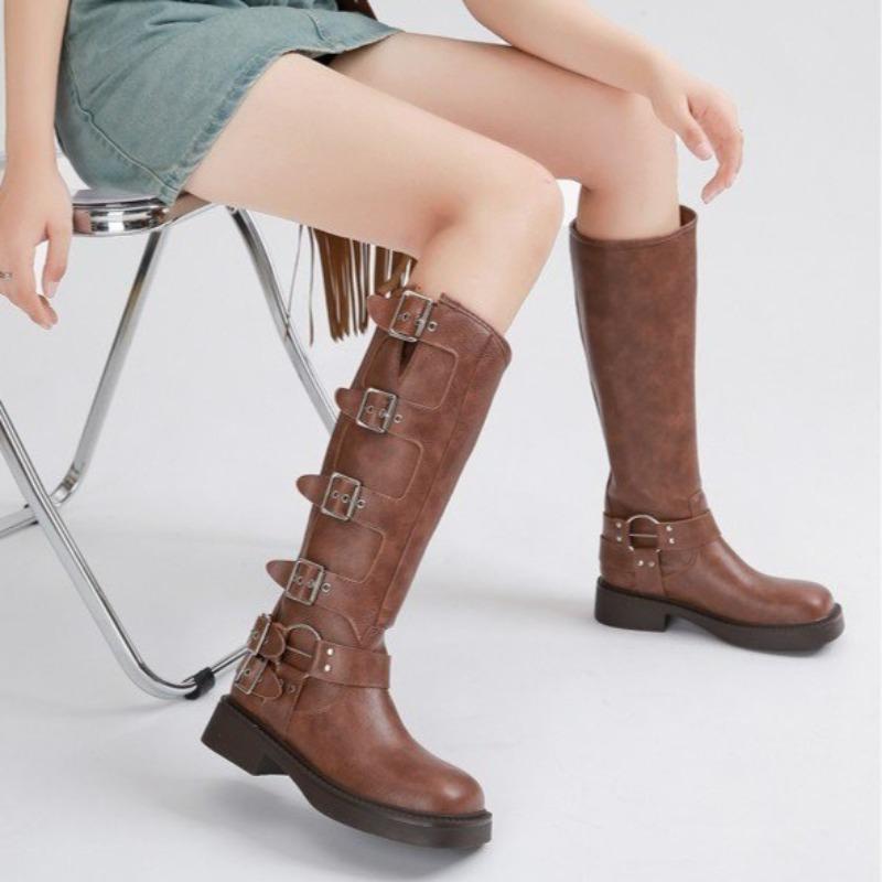 Fashion Fashion Metal Belt Buckle Block Heel Boots Women's New Retro Round Toe Platform No Knee Thigh Western Tall Boots
